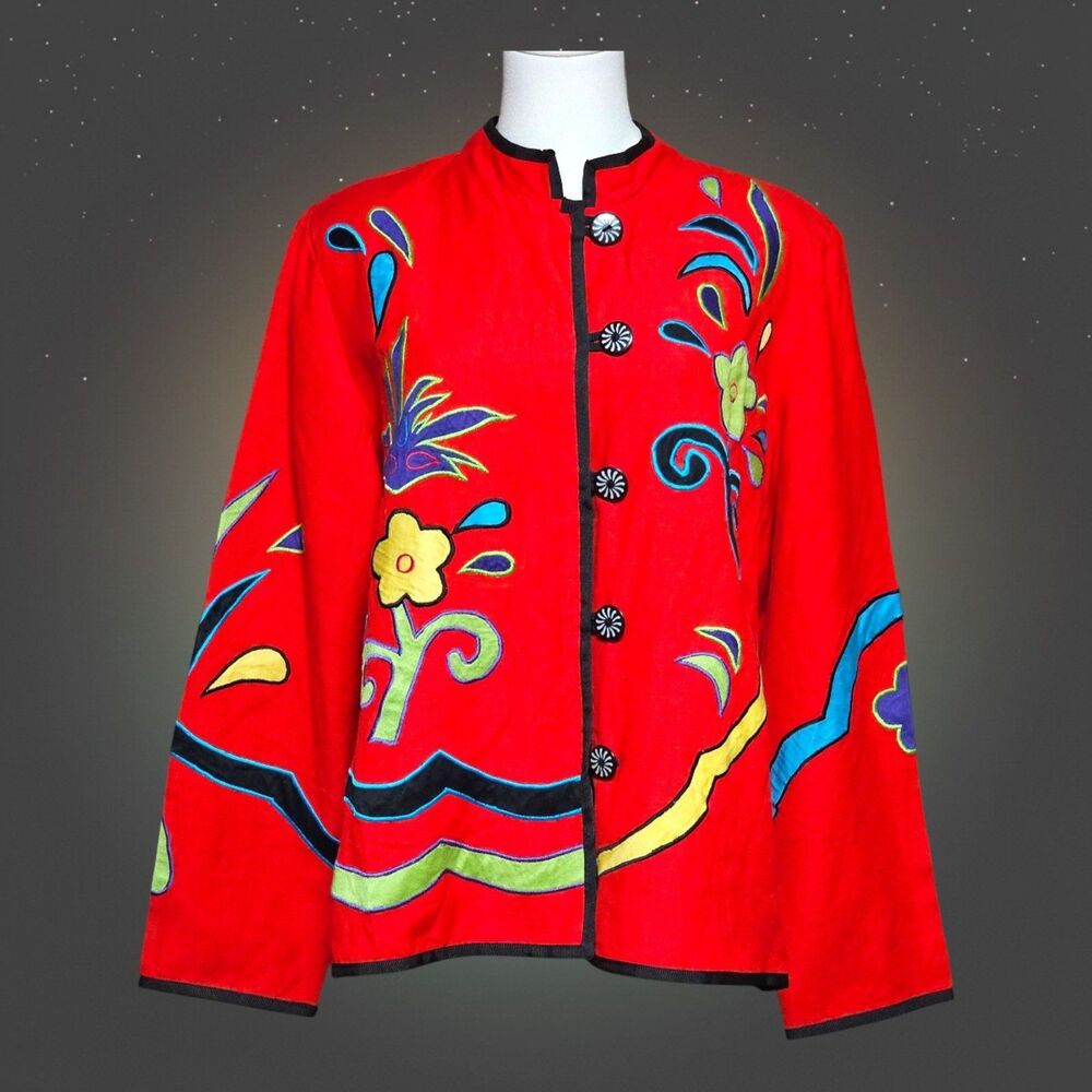Indigo Moon M Jacket Red Boho Folk Art Linen Blend Embroidered Floral